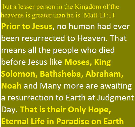 Prior to Jesus, no human had ever been resurrected to Heaven. That means all the people who died before Jesus like Moses, King Solomon, Bathsheba, Abraham, Noah and Many more are awaiting a resurrection to Earth at Judgment Day. That is their Only Hope, Eternal Life in Paradise on Earth